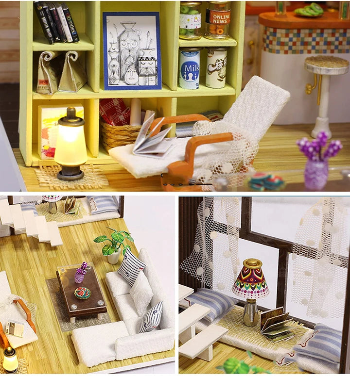 Assemble DIY Wooden House Dollhouse kit Wooden Miniature Doll Houses Miniature Dollhouse toys With Furniture LED Lights Gift