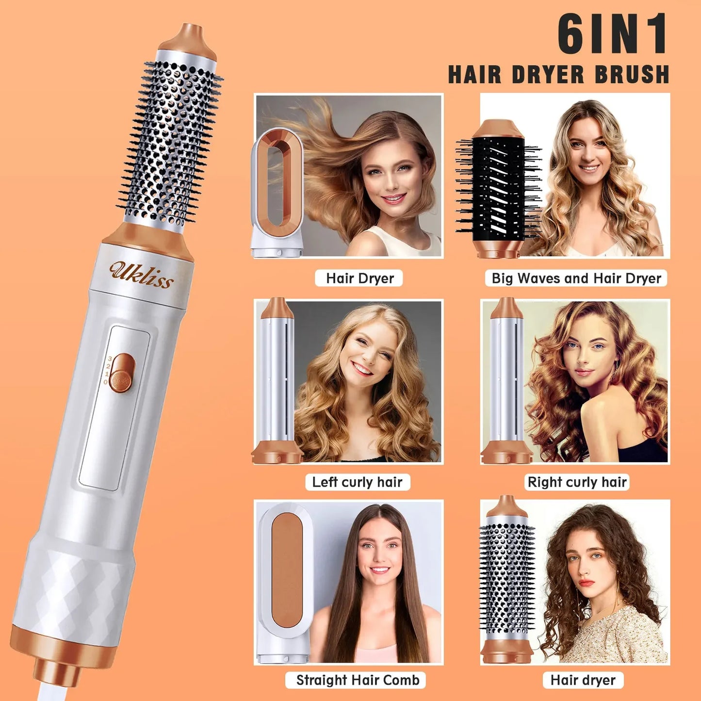 6 In 1 Hair Dryer Brush Electric Blow Dryer Comb Hairdryer Negative Ionic Hair Blower Brush Air Styling Hair Curler Curling Wand