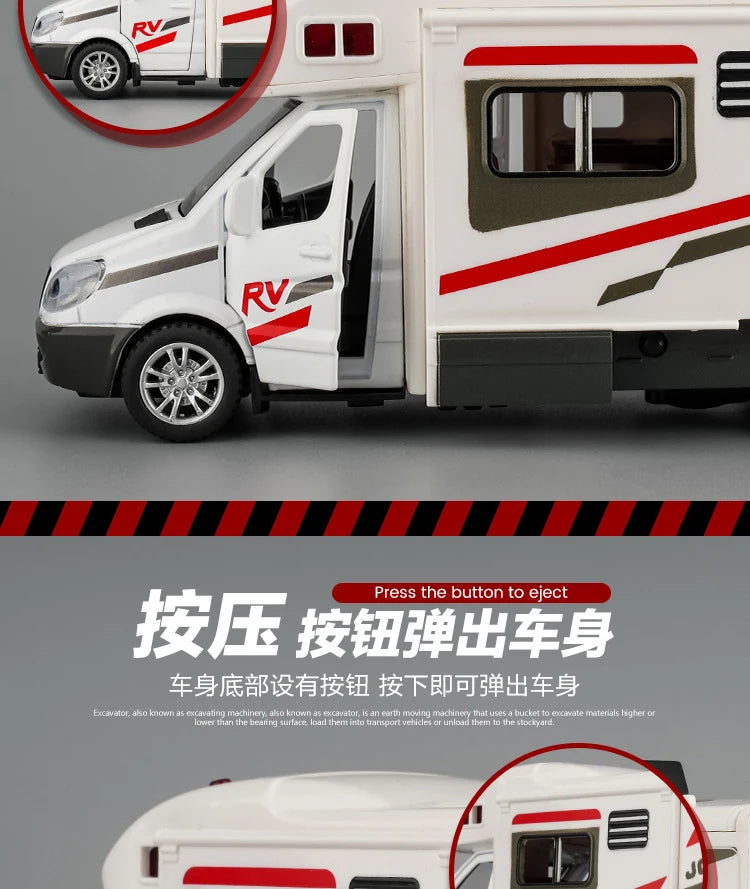 New 1:30 Alloy Luxury RV Caravan Car Model Metal Camper Van Motorhome Touring Car Vehicles Model Sound and Light Kids Toys Gifts