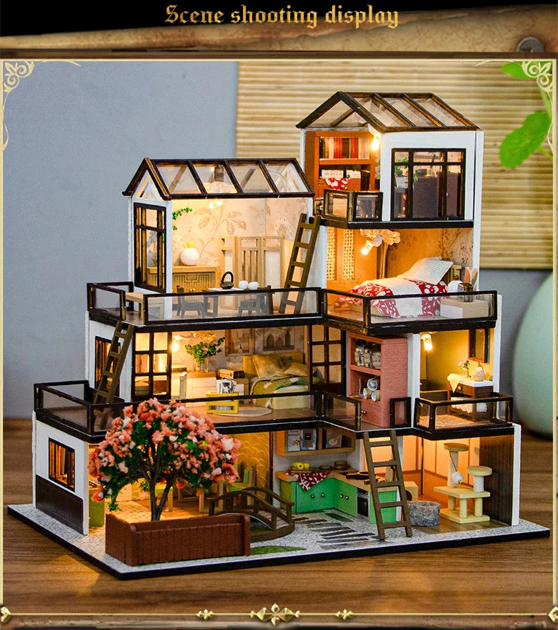 DIY Wooden Doll Houses Dream Town Casa Miniature Building Kit Villa Dollhouse with Furniture Led Lights for Girls Birthday Gifts