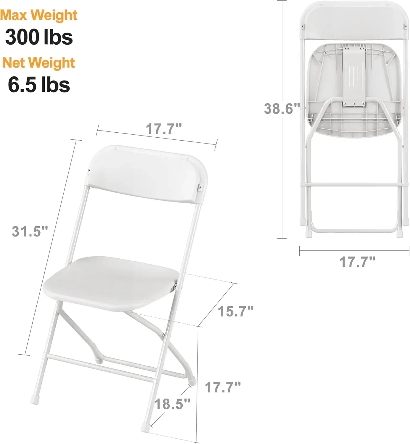 10 Pack Plastic Folding Chair, 300lb Capacity, Portable Commercial Chair with Steel Frame for Home Office Wedding Party Indoor