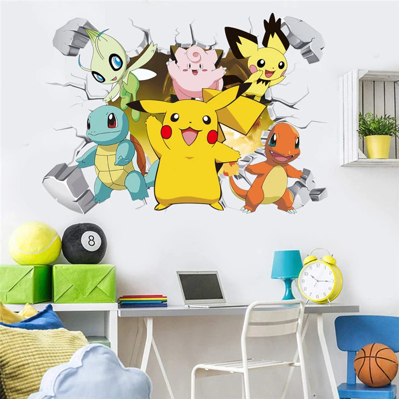 Cartoon Pikachu Wall Stickers For Kid's Rooms Kindergarten Living Room Bedroom PVC Wall Decoration Animated Poster Bedroom Decor