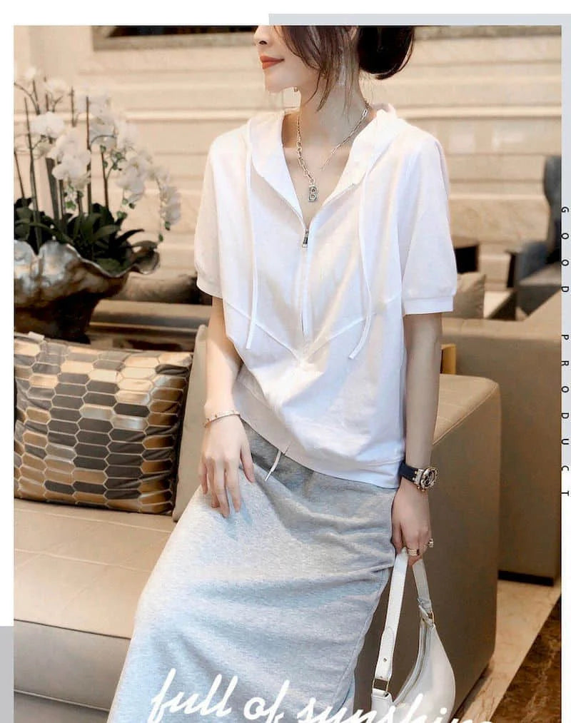 2024 Summer Hooded T-shirt Women Korean Loose All-match White Casual Tops Stitching Cotton Short-sleeved T Shirt Women's Trend