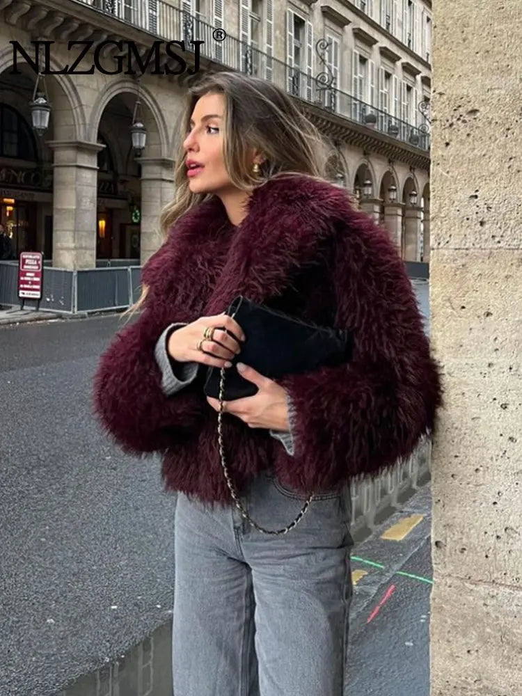 TRAF 2024 Winter Elegant Lapel Fur Coat Women Warm Fashion Loose Long Sleeve Short Jacket Female Street Thick Top