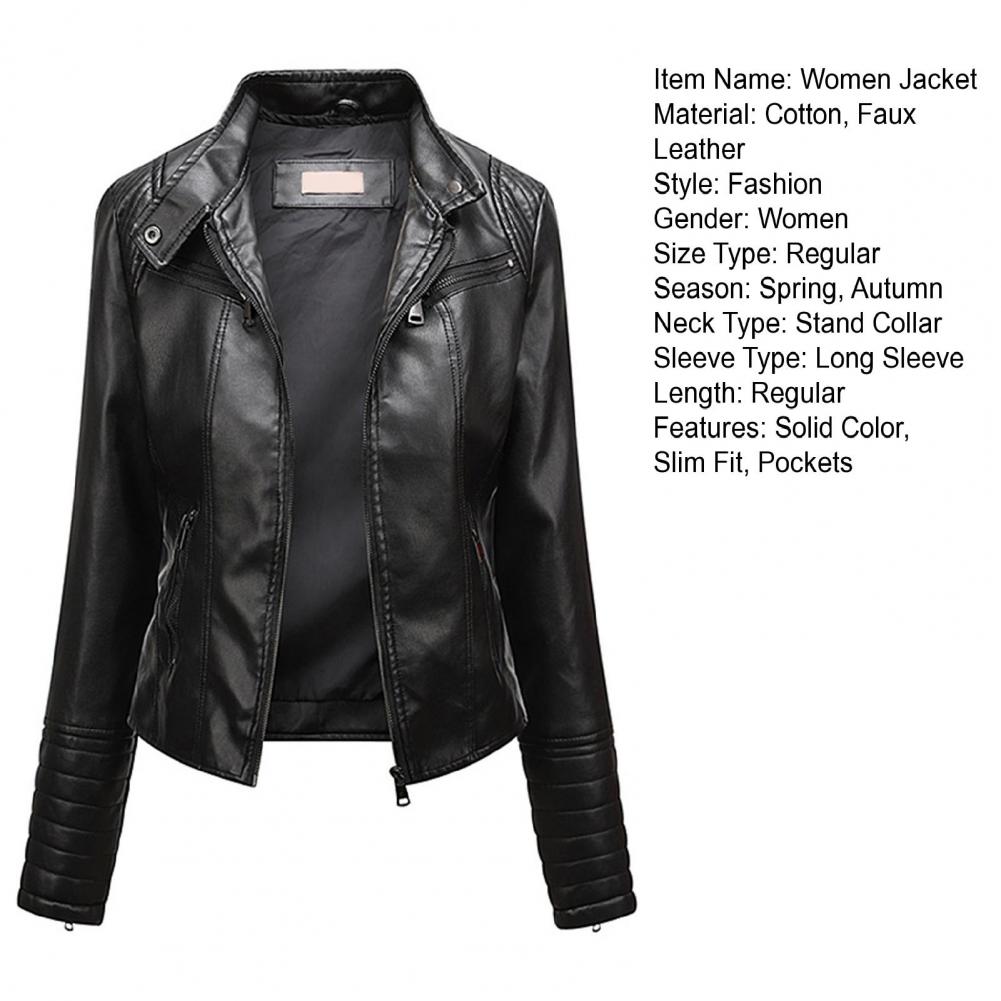 Women Leather Jacket Autumn Outwear Solid Color Slim Fit Faux Leather Jacket Stand Collar Long Sleeve Pockets Zipper Biker Coat