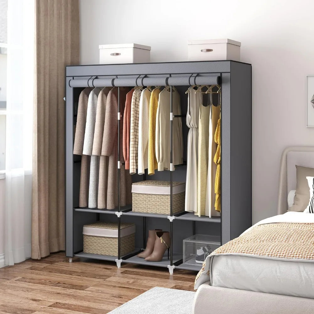 67 in Portable Closet Wardrobe for Hanging Clothes, Wardrobe Closet , 4 Hanging Rods and Side Pockets, 8 Storage Shelves