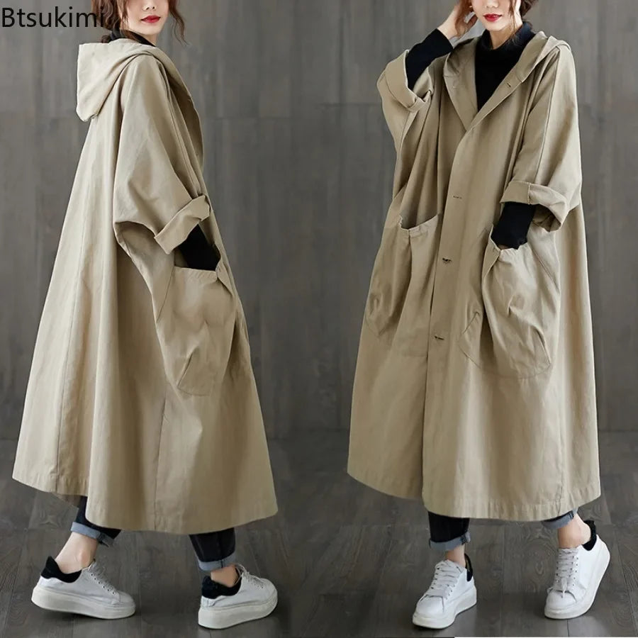 New 2024 Ladies Hooded Trench Coats Solid Loose Single-breasted Long Jacket for Daily Wear Women Windbreaker Casual Outerwear