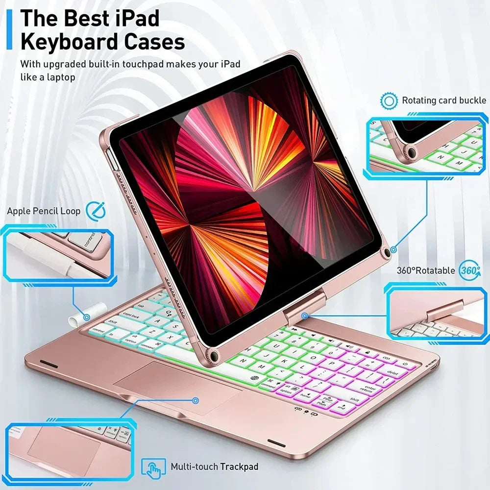 360° Rotatable Backlit Keyboard Cover For iPad Pro12.9 11 iPad10.2 7/8/9/10th Air11 13 2024 M2, iPad Cover Air4 5 Magic Keyboard