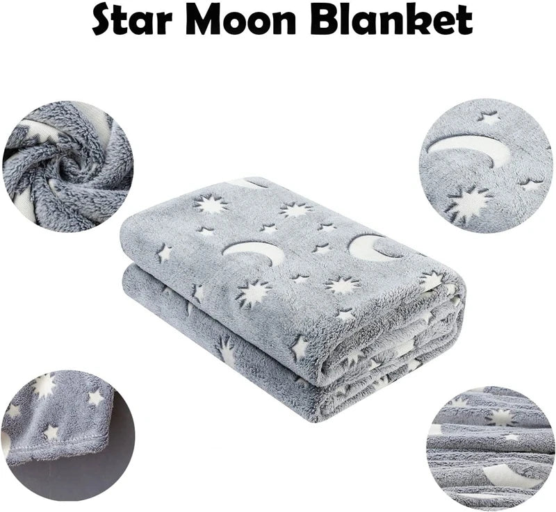 Inyahome Glow in The Dark Throw Blanket Super Soft Fuzzy Fluffy Plush Fleece Decorated with Stars and Moon of Healing Best Gift