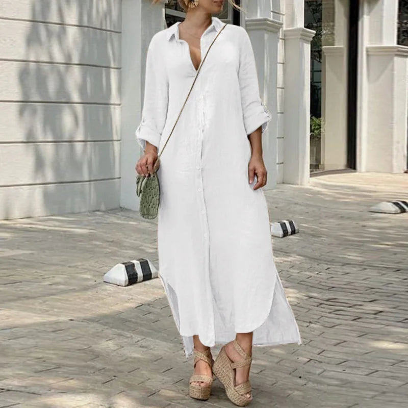 2024 New Women Cotton Blend Loose Dress Robe Spring Summer Solid Beach Sundress Female Clothing Single Breasted Long Shirt Dress