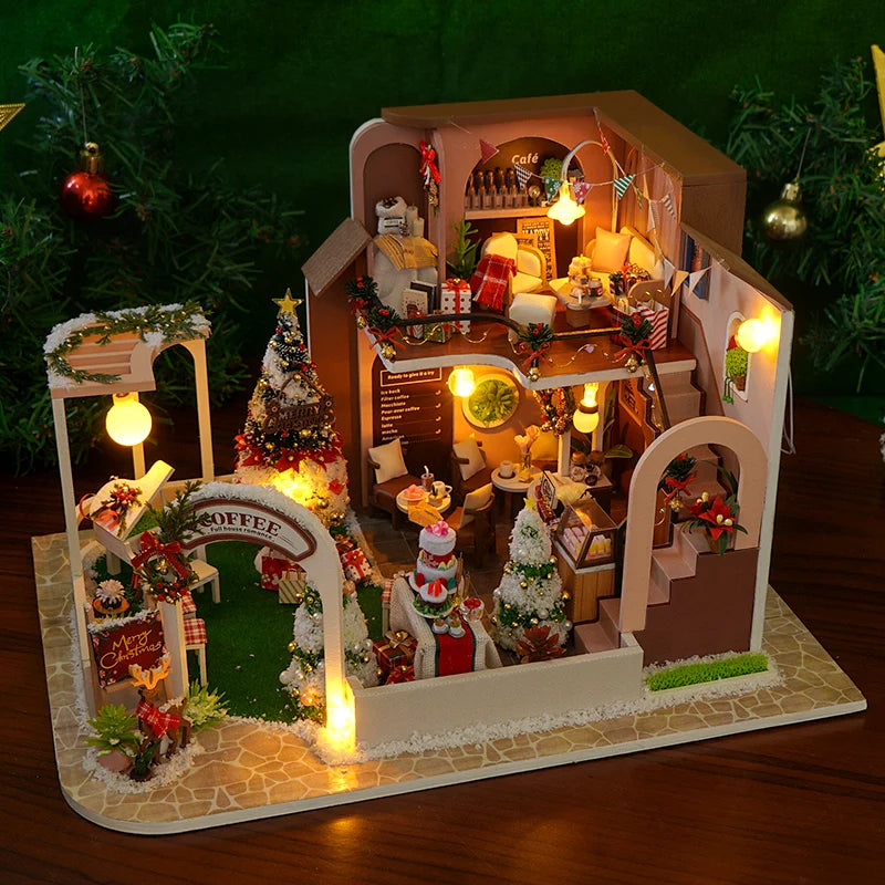 DIY Wooden Doll Houses Christmas Coffee Shop Casa Miniature Building Kit Villa Dollhouse with Furniture Led Light for Girls Gift