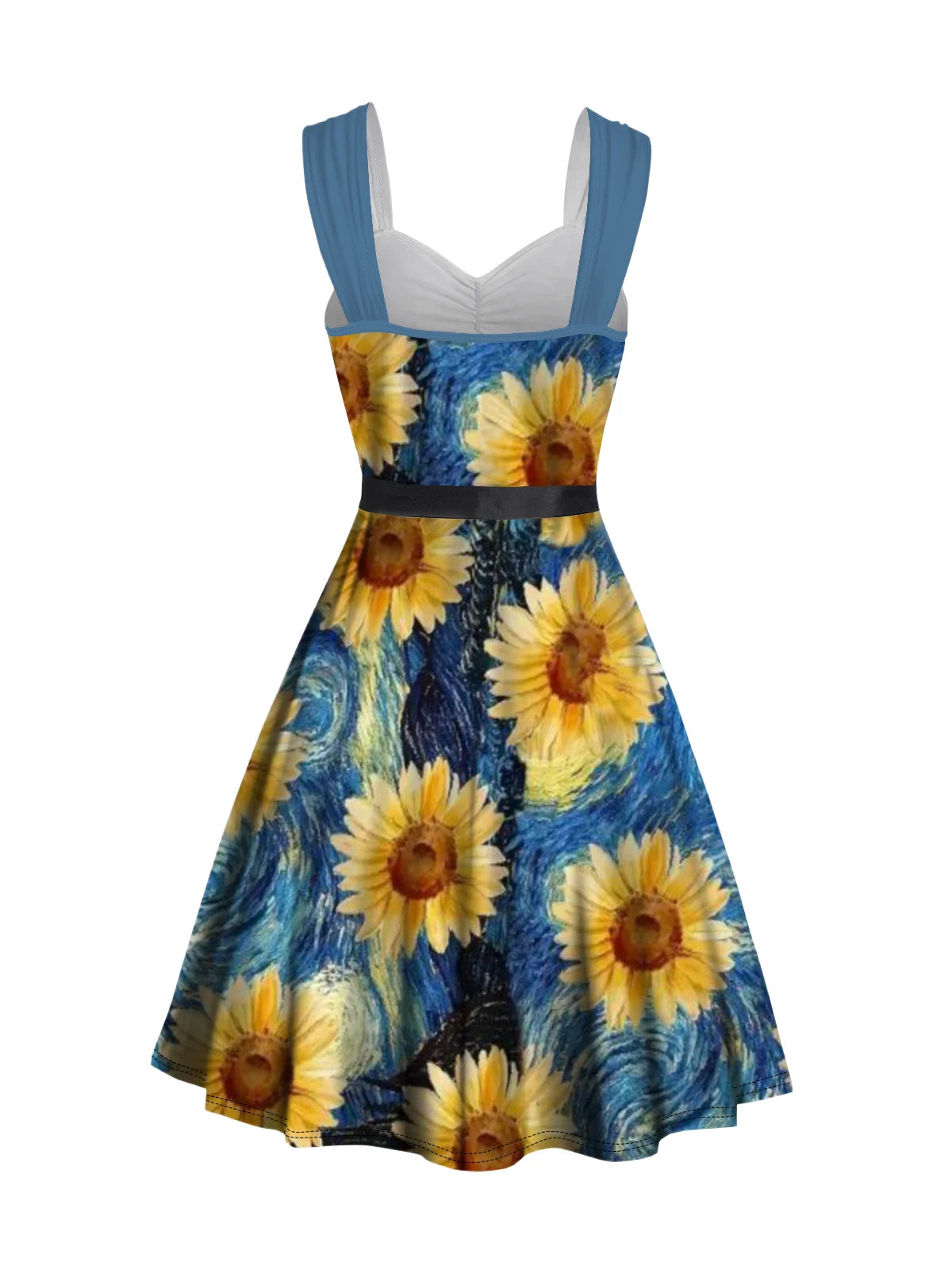 Dressfo Womens Dresses Sweetheart Neck Van Gogh Sunflower Print Mock Button Ruched Bust Tank Belt Renaissance Dress Sundress