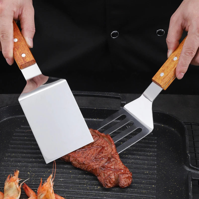 Stainless Steel Wooden Handle Cooking Spatula Steak Pancake Frying Shovel Teppanyaki Scraper Barbecue Tool Kitchen Accessories