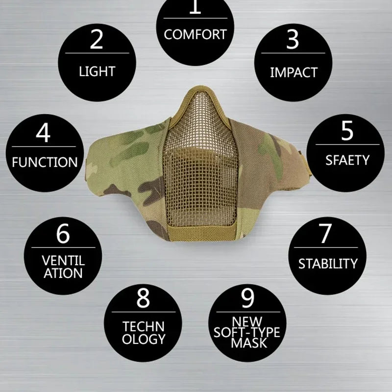 Tactical Airsoft Paintball Half Face Mask Camo Half Lower Face Metal Steel Net Mesh Mask Hunting Protective Mask