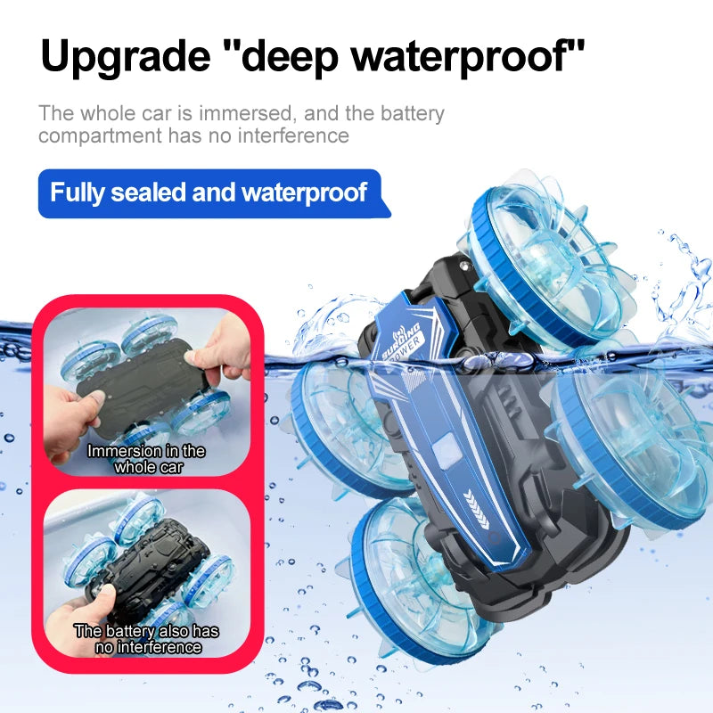 New LED Amphibious RC car Dual remote control waterproof stunt car double side flip drift drive 360 ° rotation rc cars Kids toy