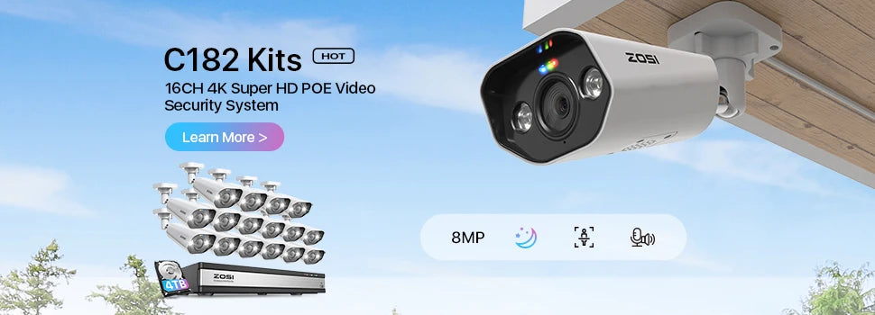 ZOSI 4K 16CH PoE Security Camera System AI Face Person Vehicle Detection 5MP Outdoor Auto Tracking PTZ CCTV Surveillance Camera