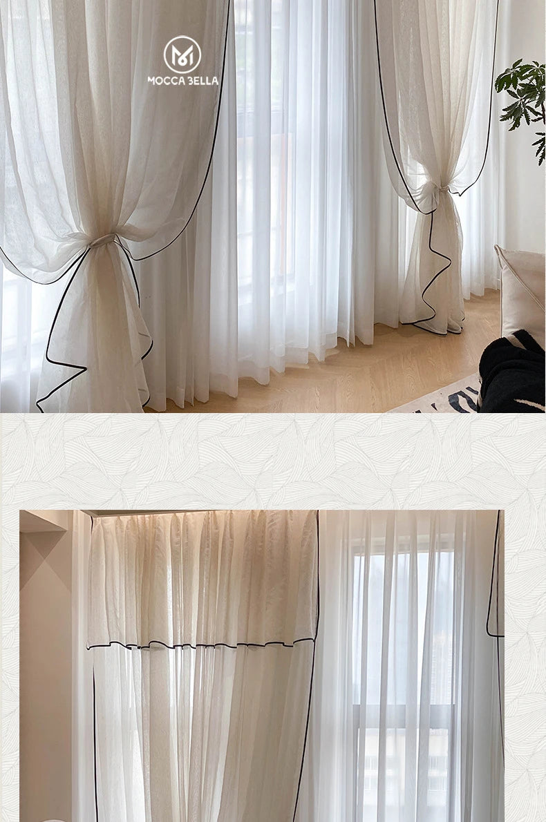 Retro Cream Linen White Tulle Sheer Curtains for Living Room Luxury Bedroom Dining Balcony Black Edge Blackout Gauze Window Door