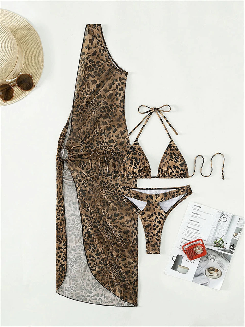 Sexy 3 Pieces Bikini Set 2024 Women Cut Out Side Cover Up Dress Leopard Swimsuit Lace Up Triangle Swimwear Female Swimming Suit