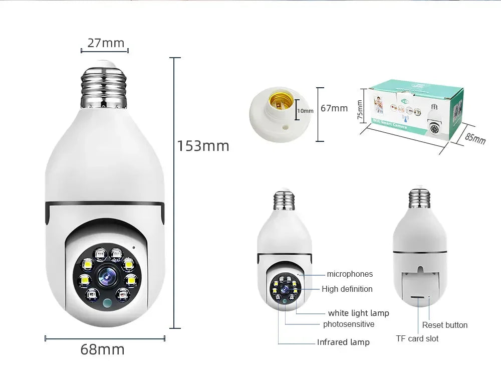 E27 Bulb Wifi Camera Full Color Night Vision House Surveillance Cameras Automatic Human Tracking 4X Zoom Indoor Security Monitor