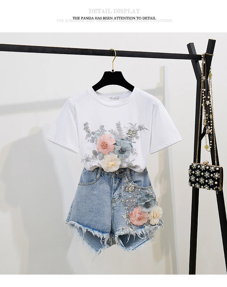 Fashion Cotton T-Shirt Tops + Short Jeans 2 Pieces Sets 2024 New Summer Women's Denim Pants Outfits 3D Flowers Beading Suits