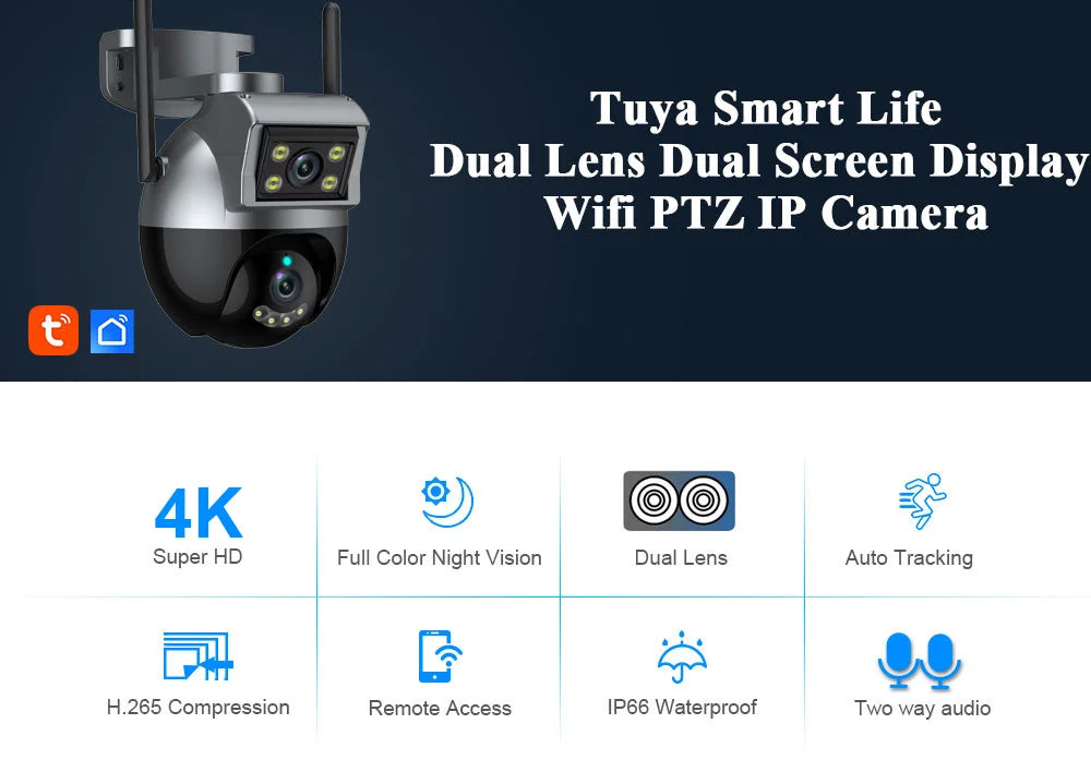 Tuya 4K Dual Lens Wifi PTZ Camera Outdoor 2 Way Audio Wireless CCTV Security Surveillance Camera Auto Tracking IP Cam Smart Life