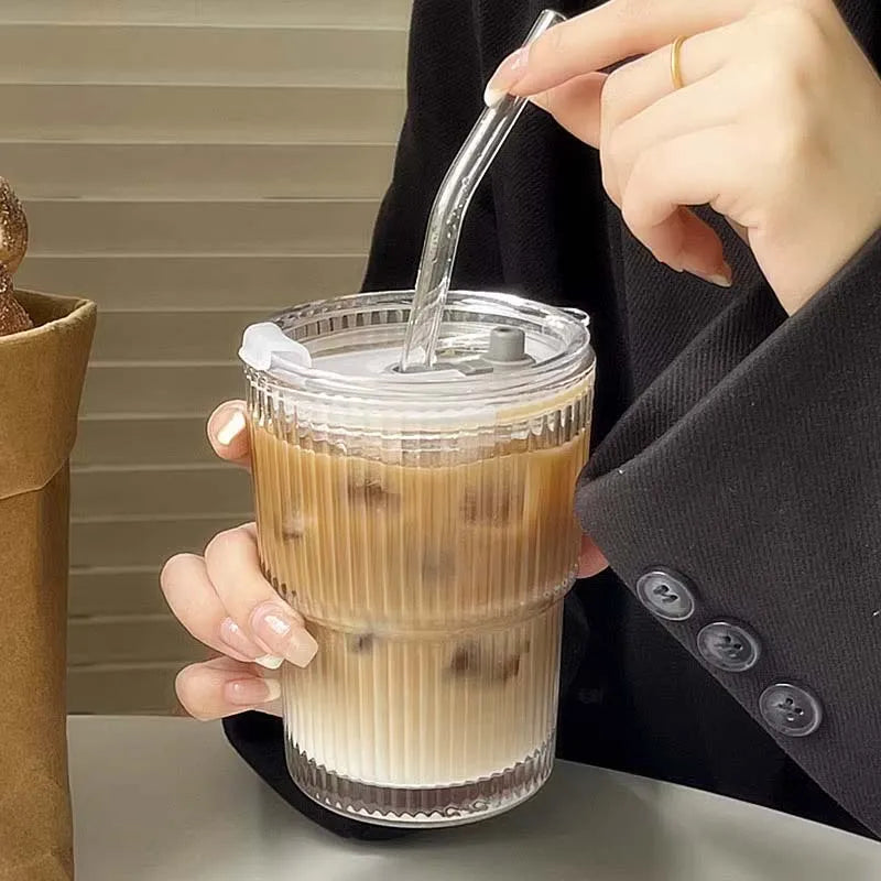 450ML Glass Cup with Lid and Straw Transparent Leakproof Coffee Mug High Temperature Resistant Tea Cup Water Bottle Drinkware