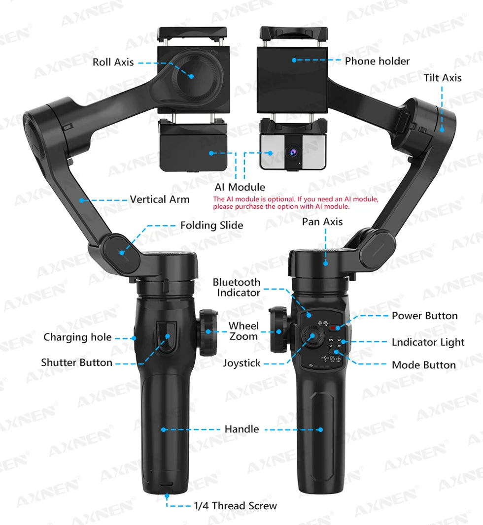 3-Axis Gimbal Stabilizer for Smartphone, Built-In Extension Rod,Portable and Foldable, for iPhone Android Phone Vlog Live Video