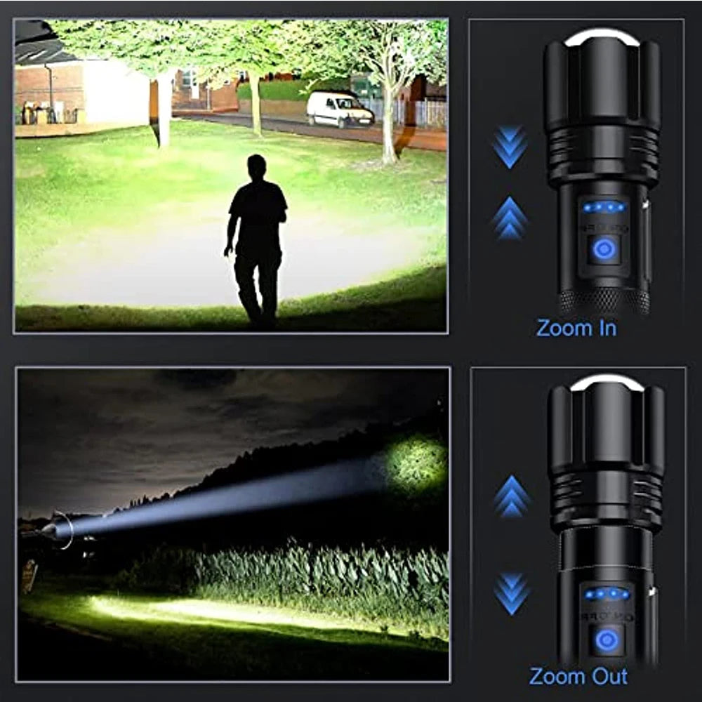 Rechargeable Super Bright Flashlight 7Modes High Lumens Tactical Flashlight Zoomable LED torch With COB Side Light and Display