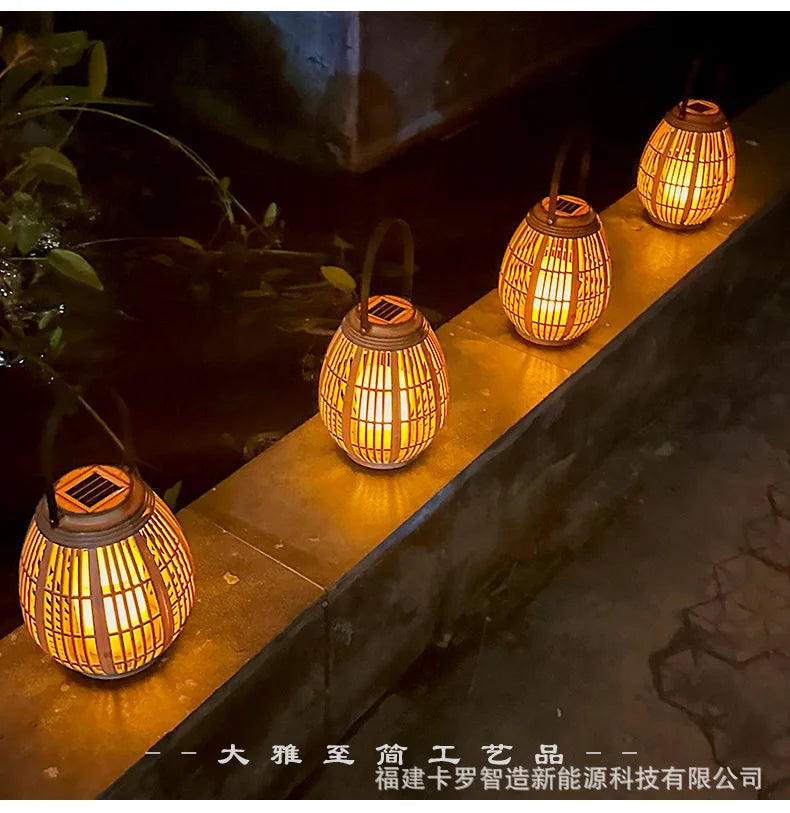 Outdoor Solar Imitation Rattan Lantern Courtyard Balcony Garden Decoration Candle Lights Creative Atmosphere Bamboo Chandelier