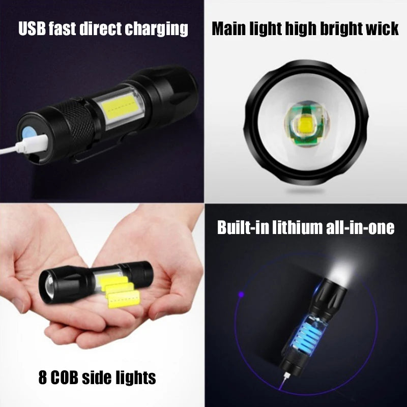 Mini UV Torch LED Rechargeable Flashlight Portable USB Charging Flashlight High Power Bank Camping Waterproof Long Range Lantern