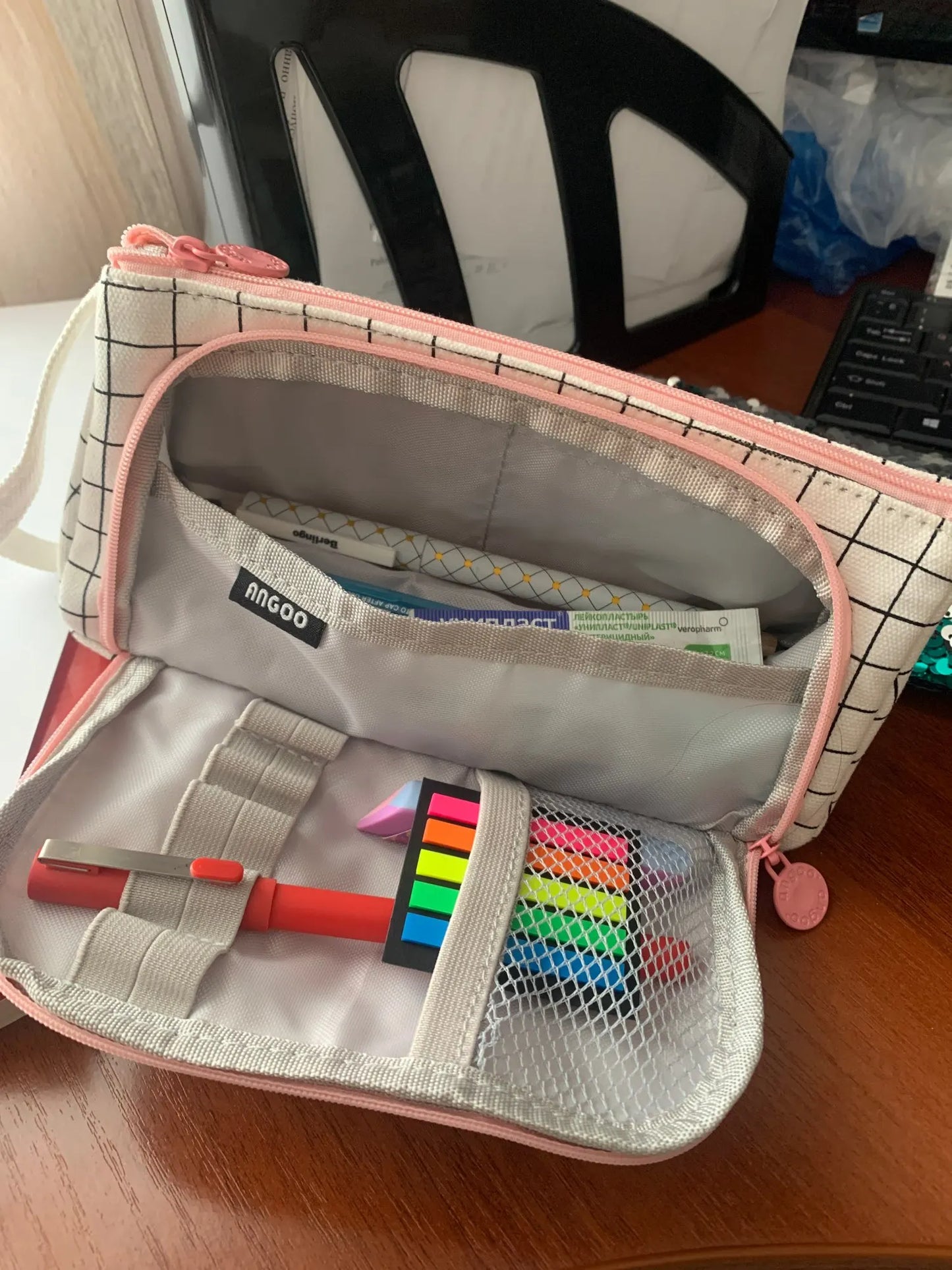 New Stationary Pen Storage Bag Simple Plaid Pencil Case Multi Layer Large Capacity Cosmetic Travel Canvas Pen Pencil Storage Bag