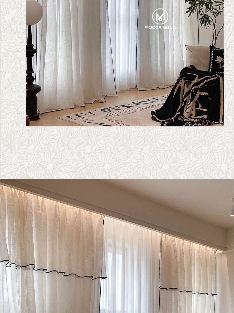 Retro Cream Linen White Tulle Sheer Curtains for Living Room Luxury Bedroom Dining Balcony Black Edge Blackout Gauze Window Door