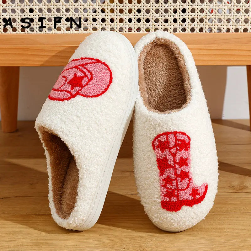 ASIFN Cute Boot Women's Slippers Cowgirl Hat Fluffy Cushion Slides Comfortable Cozy Comfy Smile Houseshoes Laides Winter Shoes