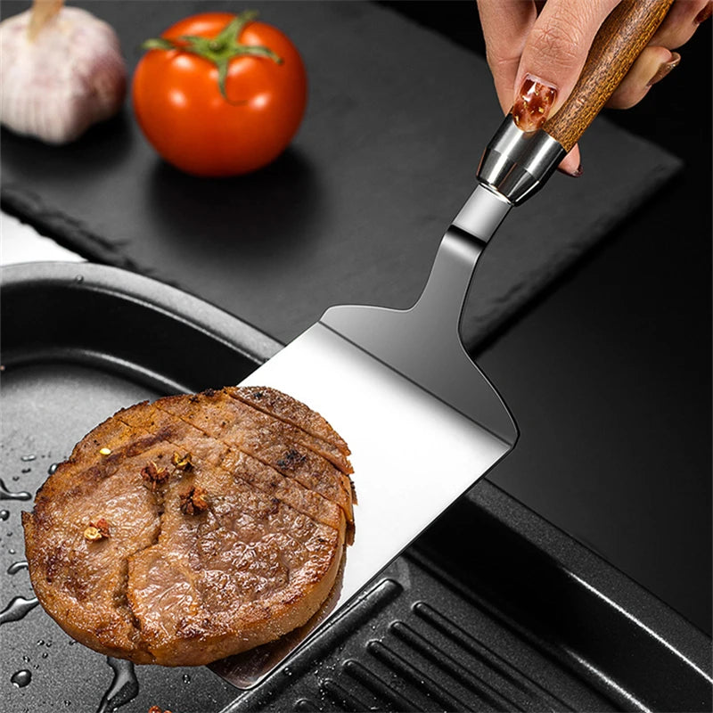 Stainless Steel Square Head Steak Cooking Spatula Wood Handle  Pizza Shovel Pancake Beef Turner Scraper BBQ Utensils For Kitchen