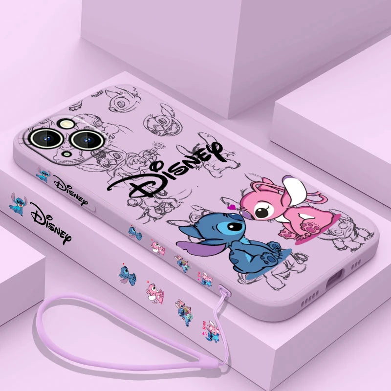 Disney Super Cute Stitch Phone Case For Apple iPhone 15 14 13 12 11 Pro Max Plus 8 7 SE Liquid Left Rope Soft Cover