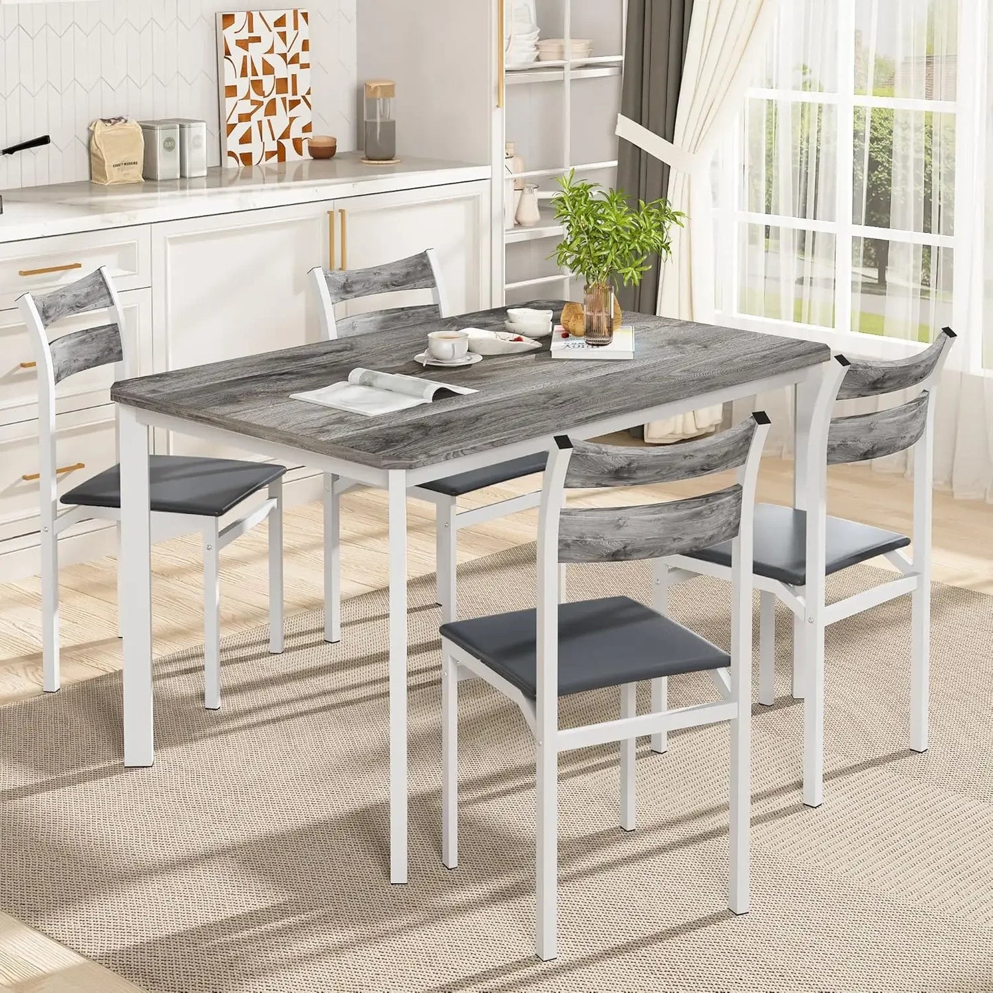 Dining Table Set for 4, 43.3" Dining Room Table with 4 Upholstered PU Leather Chairs, Modern Wood Kitchen Table and Chairs Set,