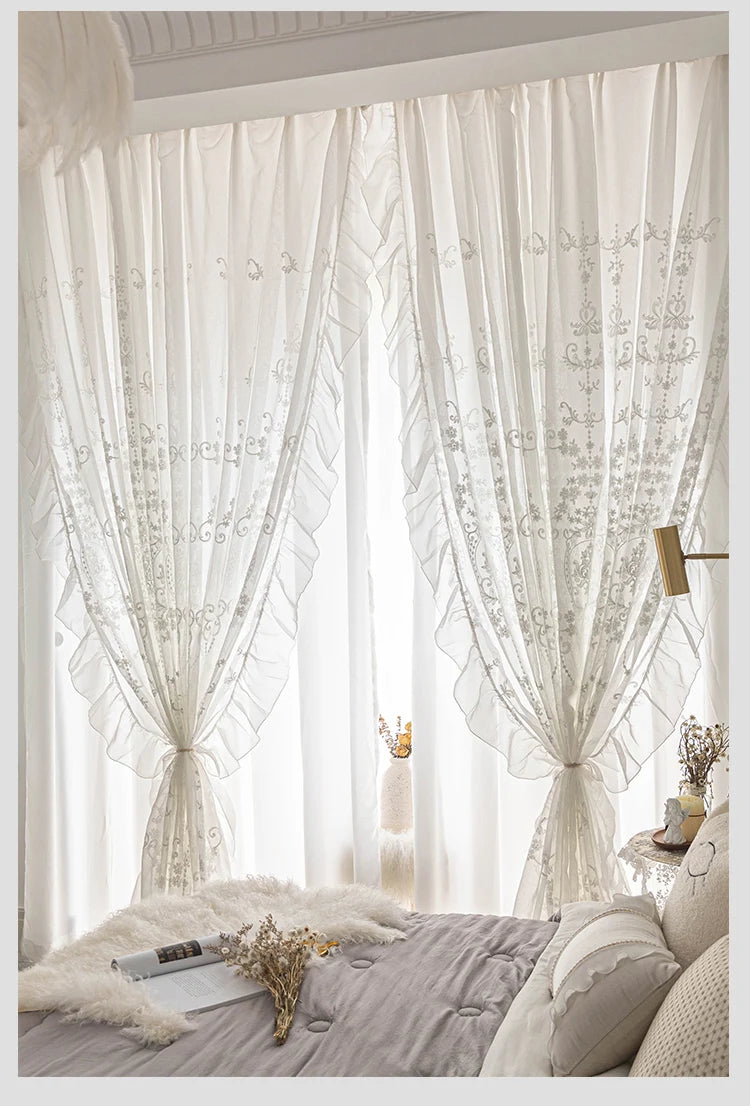 White Linen Sheer Embroidered Tulle Curtain for Girl Princess Bedroom French Romantic Ruffled Lace Voile Window Decoration Drape