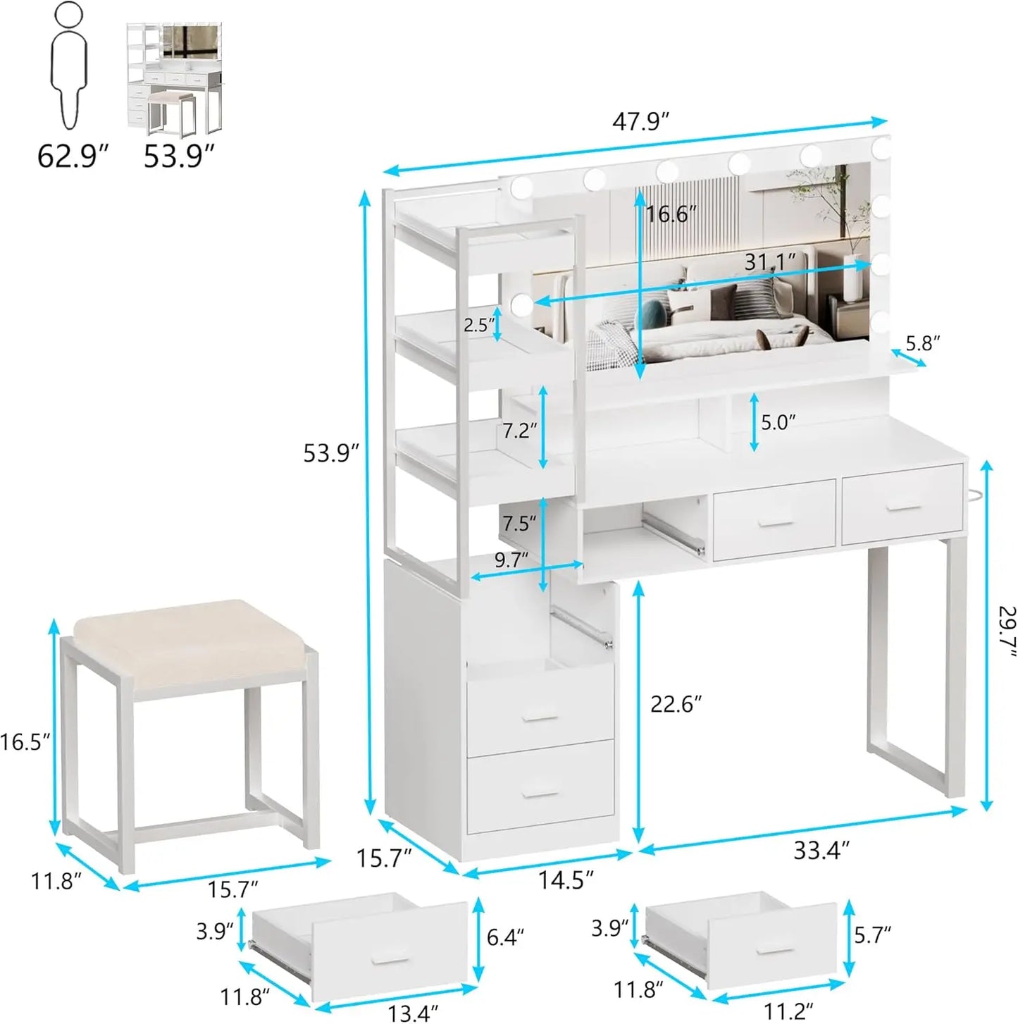 Makeup Vanity Desk with Mirror and Lights, Vanity Desk w/Charging Station, Drawers, Movable Shelves for Makeup, Modern Table Set