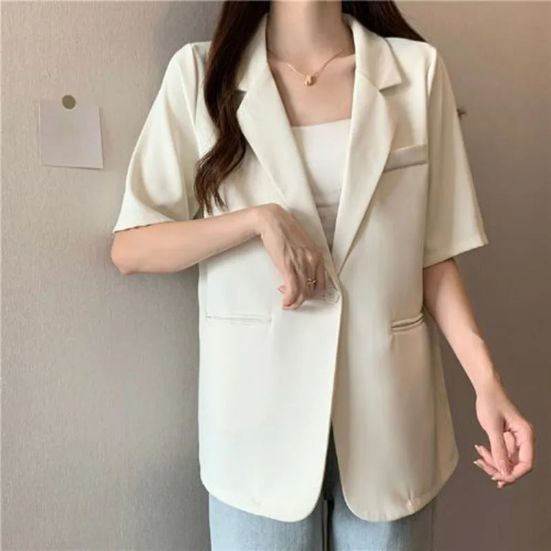 Thin Suit Jacket Women 2024 Summer Casual All Match Single Button Coat Woman Korean Style Loose Balck White Short Sleeve Jackets