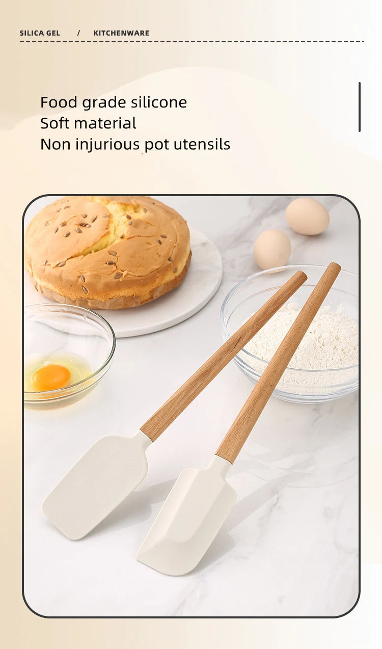 2Pcs/Set White Silicone Cream Spatula Non-stick Pastry Blenders Wood Handle Chocolate Butter Baking Scraper Kitchen Cake Mixer