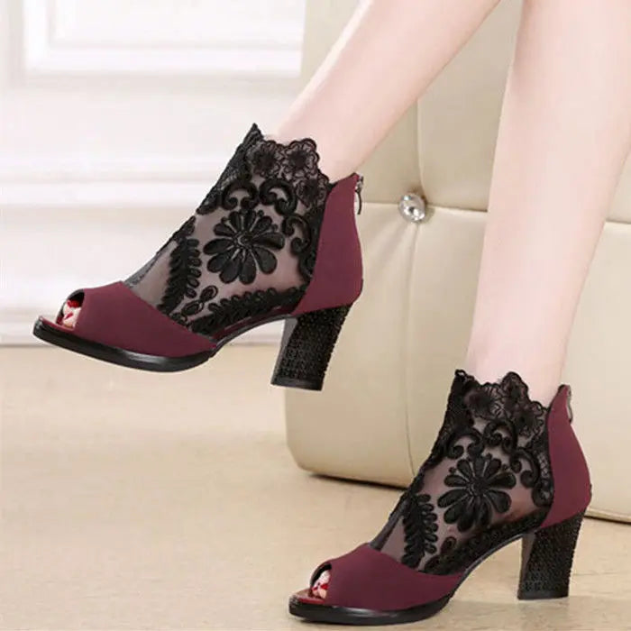 Women's Sandals Fish Mouth Shoes Mid-heel Large Size Women's Shoes Breathable Women's Shoes Lace Mesh High Heels 2023