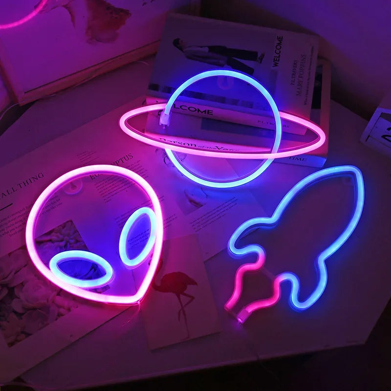 Planet LED Lights Neon Light Sign Bedroom Decor Rocket Alien Neon Night Lamp for Rooms Wall Art Bar Party USB or Battery Powered