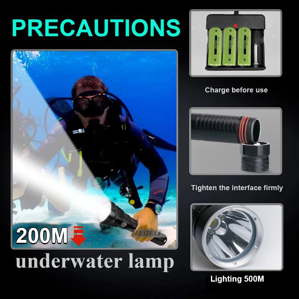 Super Brigh Underwater Lantern Powerful Diving LED Flashlight 15000mAh Scuba Dive Light Underwater Torch IPX8 Waterproof Lantern