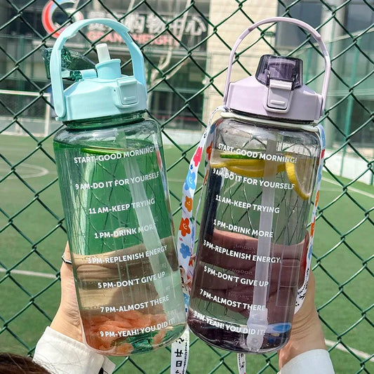 2L Portable Water Bottle Large Capacity Plastic Straw Water Cup Drink Bottle With Time Marker For Outdoor Sports Fitness