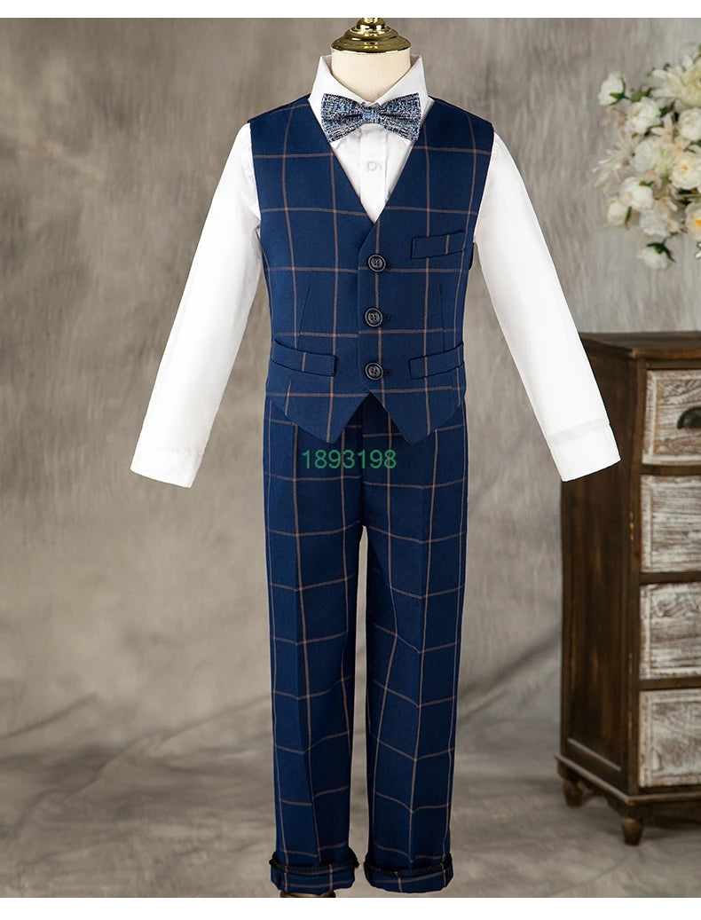 Boys Formal Navy Plaid Suits Set Children Host Piano Performance Birthday Party Photography Costume Kids Blazer Pants