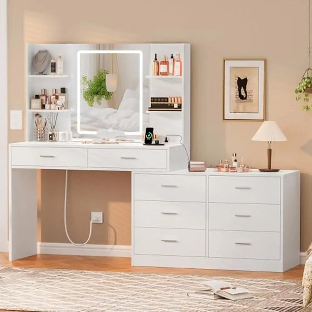 Vanity Desk with LED Mirror Modern Corner Makeup Table with 8 Drawers & Storage Shelves