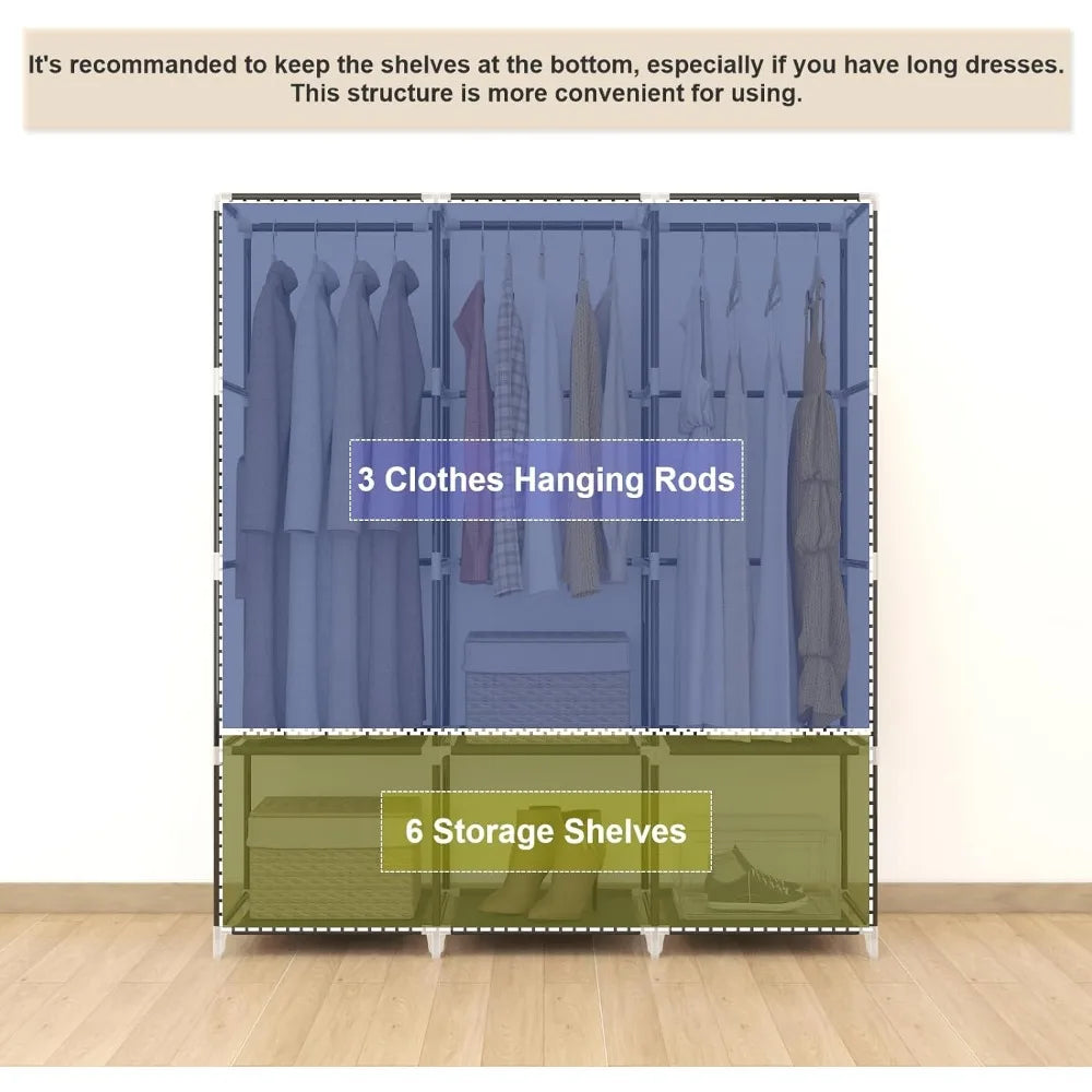 67 in Portable Closet Wardrobe for Hanging Clothes, Wardrobe Closet , 4 Hanging Rods and Side Pockets, 8 Storage Shelves