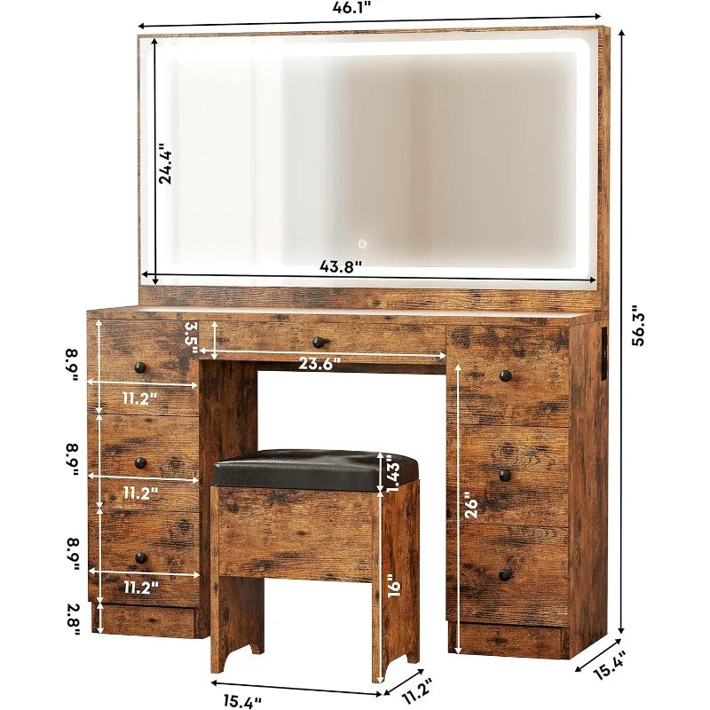 Vanity Desk Set with LED Lighted Mirror & Power Outlet, 7 Drawers Makeup Vanities Dressing Table with Stool, for Bedroom