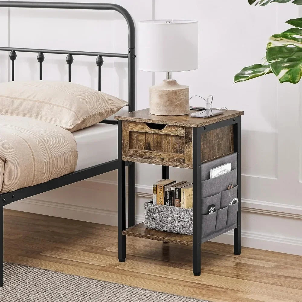 Wood Bedside Table with Drawer&Shelf,Bedside Cupboard with 2USBOutlets,Steel-Framed Bedside Cabinet with Storage Bag for Bedroom