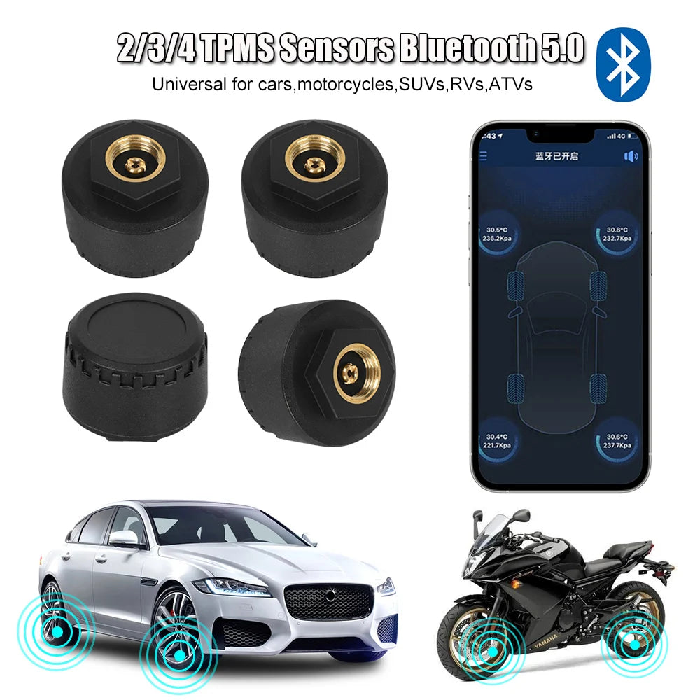 Bluetooth 5.0 Sensors Motorcycle TPMS 0-100PSI Car Tire Pressure Monitoring System For Android/IOS Tyre Tester Auto Accessrories